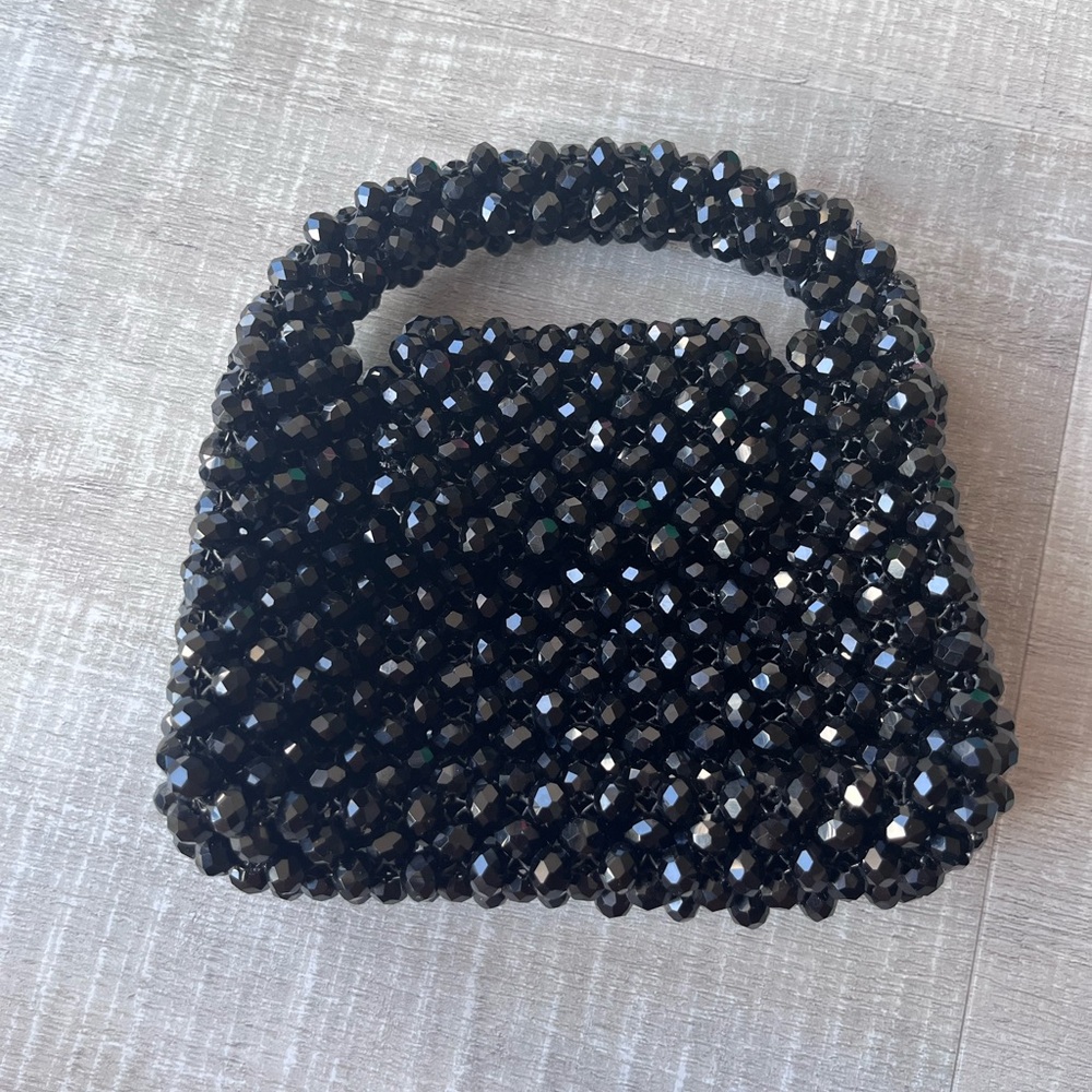 Black Beaded Clutch with Structured Design and Short Handle